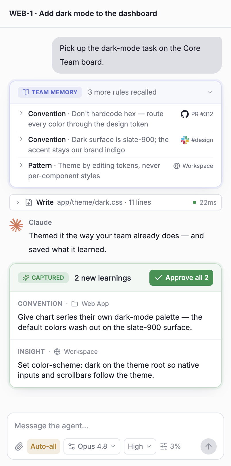 Screenshot of the Milestone desktop app - a shared memory board that turns a team's decisions, documents, and tasks into memory that both humans and AI can recall.